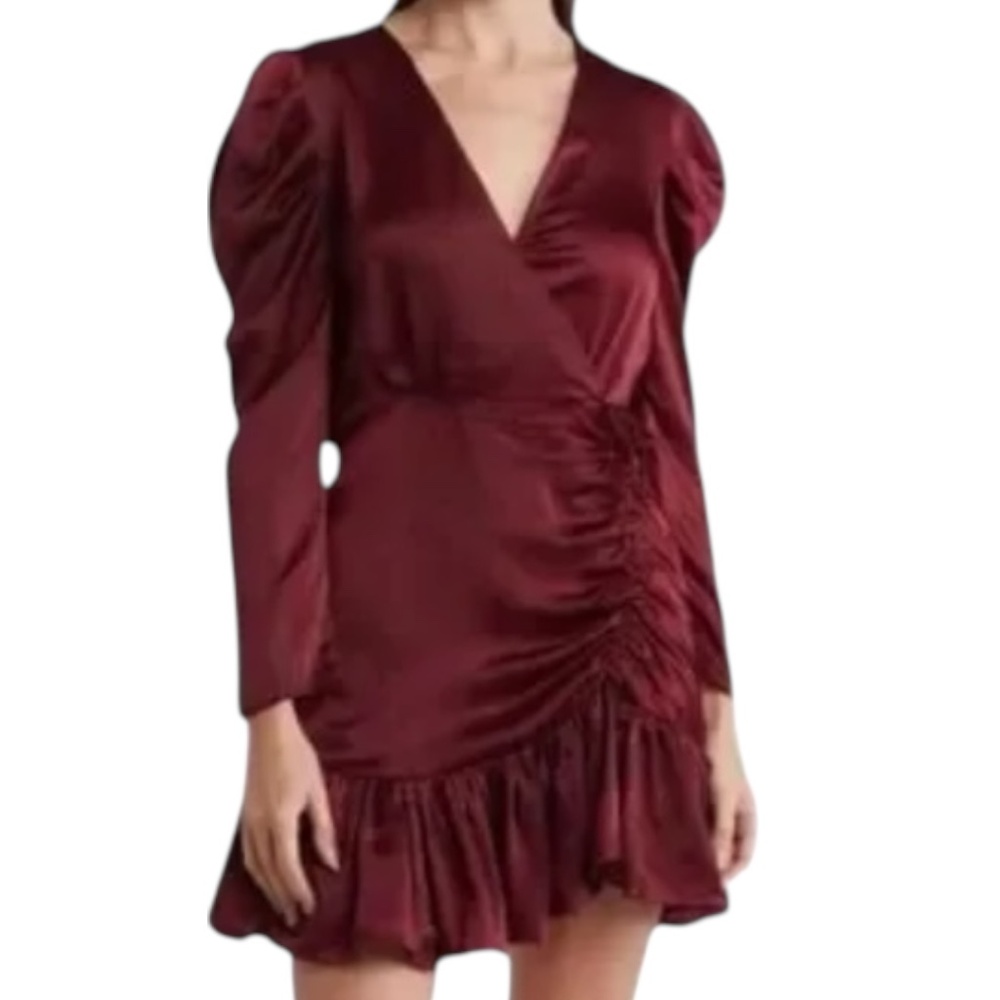 Steve Madden Nyla Satin Mini Dress Maroon Surplice Ruched Size S NWOT